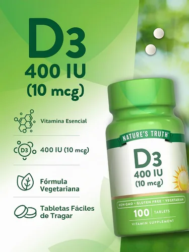 Vista 5 de Vitamina D3 400 iu (10 mcg) 100 tabletas Vegetariano, sin OMG, suplemento sin gluten Por Nature's Truth