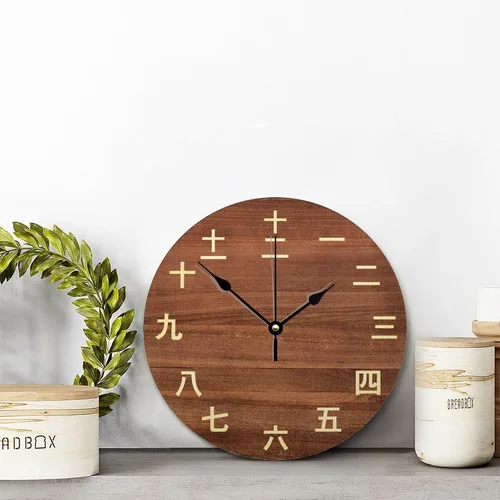 Vista 5 de Reloj de pared con números Kanji vintage, estilo rústico, elegante, de madera, 10 silenciosos, sin tictac, de cuarzo, funciona con pilas, para sala