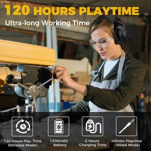 Vista 3 de Kalence Auriculares con Bluetooth 6.0, protección auditiva con tiempo de trabajo de 120H, orejeras de seguridad de 30dB, auriculares recargables