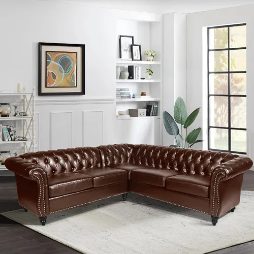 Vista 10 de ORRD Sofá seccional pequeño en forma de L, sofá Chesterfield de cuero copetudo con brazos de desplazamiento y cabeza de clavo para sala de estar