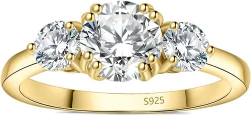 Vista 4 de JewelryPalace Classic 3 Stones Cubic Zirconia Engagement Rings for Women, 925 Sterling Silver 14K Gold Plated Promise Ring for Her, Round Cut