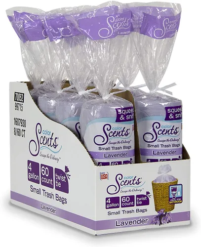 Vista 7 de Bolsas de basura pequeñas Color Scents - 4 galones, 480 bolsas en total (8 paquetes de 60 unidades), amarre de solapa - Bolsa lavanda en aroma a