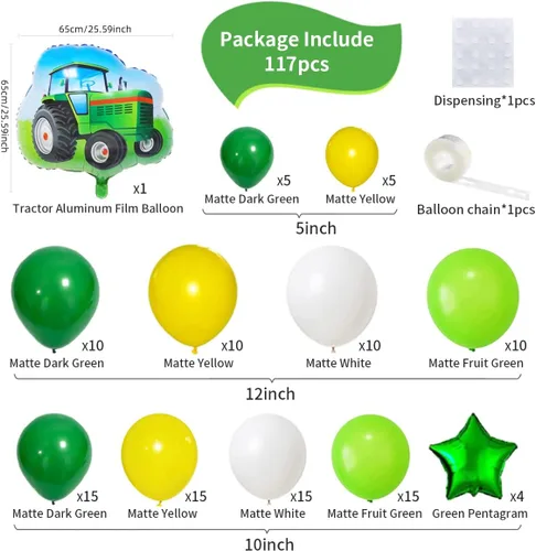 Vista 3 de Kit de guirnalda de globos de color verde oscuro, amarillo y blanco, 117 globos de tractor verde lima, amarillo y blanco, fiesta de cumpleaños
