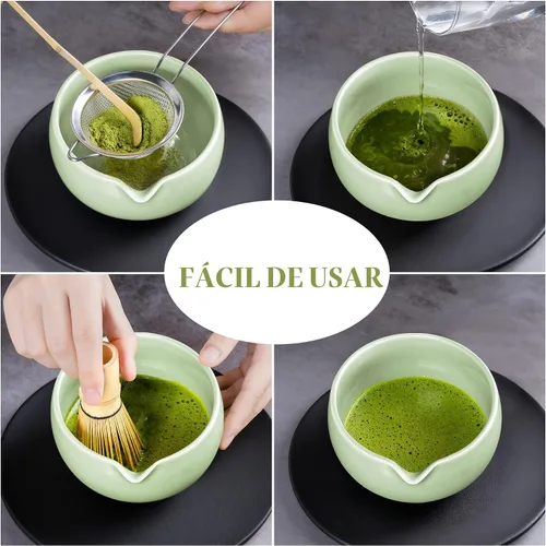 Vista 3 de YIBO Matcha Whisk Set, Matcha Kit Bamboo Whisk and Ceramic Bowl with Spout & Measuring Spoon & Cup, Japanese Ceremony Matcha Tea Making Tools Green
