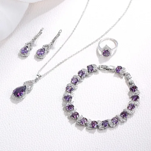 Vista 4 de EleQueen Jewelry Set for Women, Teardrop Cubic Zirconia Necklace Open Ring Earrings Bracelet Sets, WeddingAnniversaryValentine's DayMother's Day