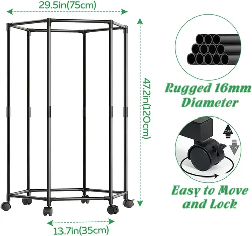 Vista 3 de Perchero con ruedas, perchero hexagonal con ruedas para colgar ropa, tendedero de ropa, almacenamiento de ropa para dormitorio, lavandería, balcón
