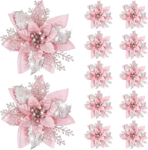 Vista 15 de Canlierr 12 piezas flores de Pascua de Navidad de 5.7 pulgadas con purpurina, flores artificiales con clips, adorno de árbol de Navidad para corona