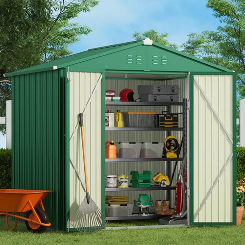 Vista 19 de Gizoon Cobertizo de almacenamiento para exteriores de 8 x 6 pies, cobertizo de jardín de metal galvanizado con puertas dobles con cerradura, Marrón
