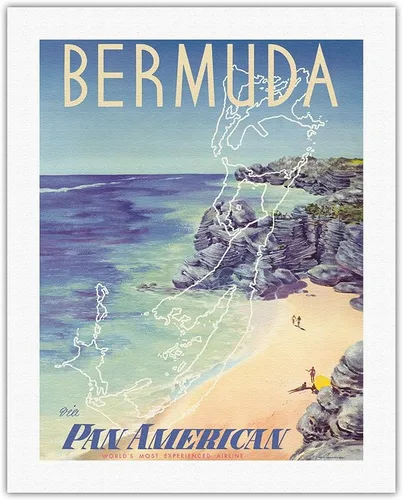 Vista 10 de Bermuda - via Pan American World Airways - Vintage Airline Travel Poster by Loweree c.1953 - Fine Art Rolled Canvas Print 11in x 14in