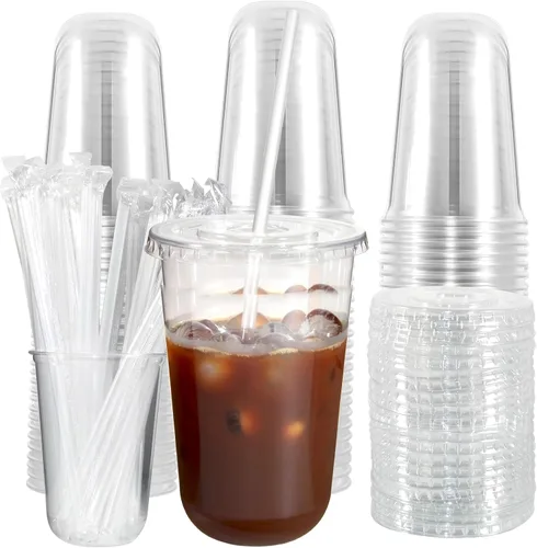 Vista 7 de 50 juegos de vasos de plástico transparente con tapas y pajitas, 14 onzas para bebidas frías, material PET, tazas de café helado desechables