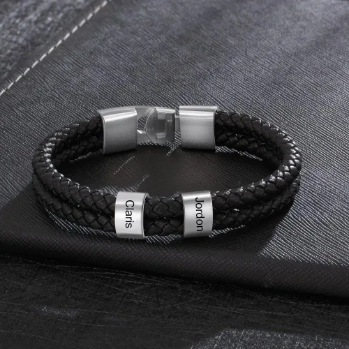Vista 4 de Pulseras de cuero personalizadas para hombre, pulsera con nombre para papá, grabado gratuito, cuentas de nombre de familia, pulseras