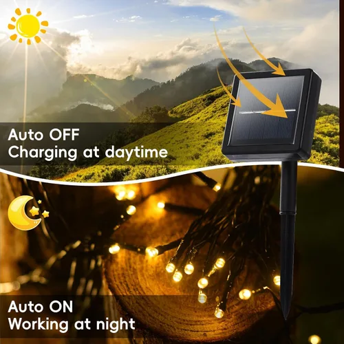 Vista 2 de Guirnalda de luces solares impermeables para exteriores, 200 luces LED extralargas de 82 pies, luces solares de Navidad, luces solares impermeables