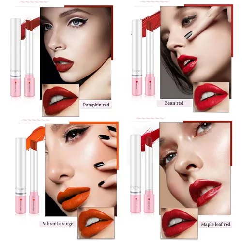 Vista 4 de FYEBOO Labiales de tubo de 4 colores, juego de lápices labiales pequeños, Labiales Mate Velvet Lipstick Hidratante y Suave, Mancha de Labiales Roja