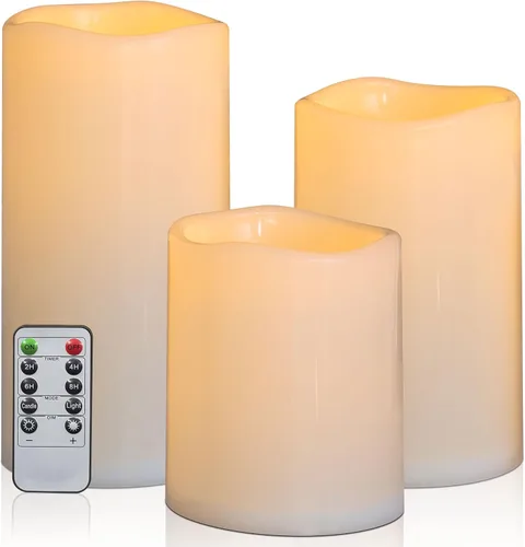 Vista 9 de juego de 2 velas sin llama impermeables para exteriores de 10" x 5", operadas por baterías, LED parpadeantes, velas pilar con control remoto