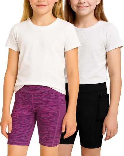 Vista 2 de Pantalones cortos de ciclismo para niñas, paquete de 4 pantalones cortos de compresión atlética de cintura alta para niñas, para baile, yoga