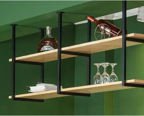 Vista 2 de Shelves Whftd Hanging Floating Shelf - 2 Tier Solid Wood Ceiling Shelf Wrought Iron Plant Rack, Hanging Storage Rack for Restaurant and Bar - Length