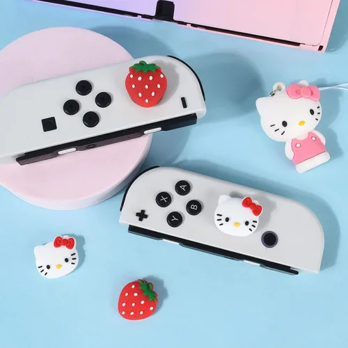 Vista 5 de DLseego Strawberry & Cat - 4 tapas de agarre para el pulgar para interruptor regular, interruptor LiteSwitch OLED Joy Con Joystick de silicona