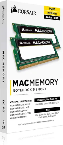 Vista 6 de Corsair CMSA8GX3M2A1066C7 Apple - Kit de doble canal DDR3 1066 (PC3 8500) 8 GB DDR3 de 204 pines para portátil con memoria SO-DIMM de 1.5 V