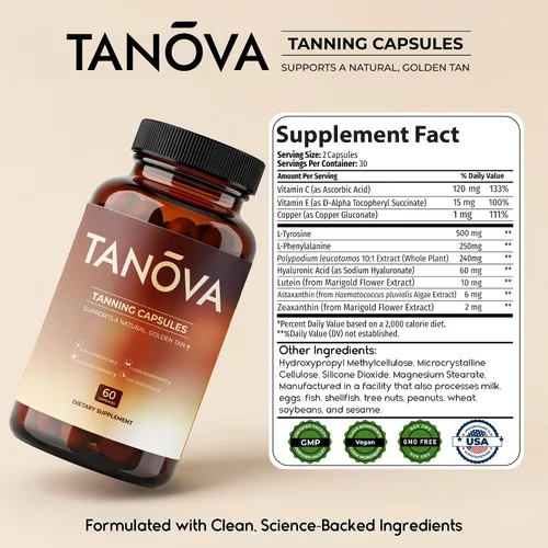 Vista 5 de Tanova Píldoras Bronceadoras – Apoya un Brillo Dorado Natural, Resistencia de la Piel y Anti-Envejecimiento Contra el Estrés Oxidativo Inducido por