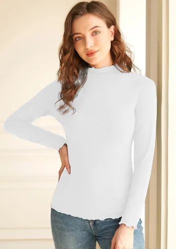 Vista 2 de Womens Mock Neck Tops Long Sleeve Lettuce Trim Lightweight Ribbed Slim Fit Base Layer T Shirts