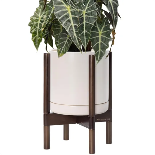 Vista 48 de D'vine Dev Maceta de cerámica con soporte de ébano – Maceta redonda moderna de 8 pulgadas con soporte para maceta de madera, color negro, 55-B-M-2