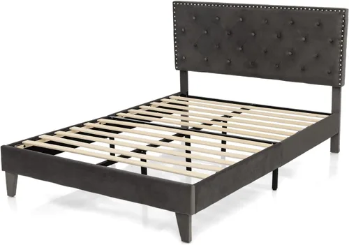 Vista 9 de KOMFOTT Base de cama tapizada tamaño matrimonial, base de cama de plataforma con cabecera copetuda y estribo acolchado suave, base de colchón