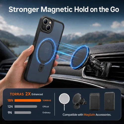Vista 4 de TORRAS Funda magnética con función atril para iPhone 13/iPhone 14 [compatible con MagSafe], soporte resistente y versátil, grado militar, a prueba