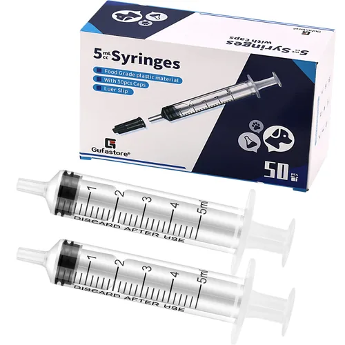 Vista 8 de Paquete de 50 jeringas de plástico azul de 0.0 fl oz con tapas para laboratorios científicos, medición de líquidos, riego, recarga, oral, mascotas