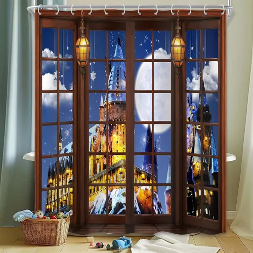Vista 11 de Magic Castle - Cortina de ducha de castillo de cuento de hadas, decoración de baño, tela impermeable con ganchos, 36 x 72 pulgadas