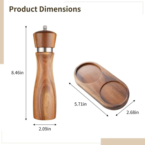 Vista 4 de Molinillo de pimienta de madera de acacia de 8 pulgadas con anillo de acero, juego de molinillo de sal y pimienta con cuchara y base, regalo