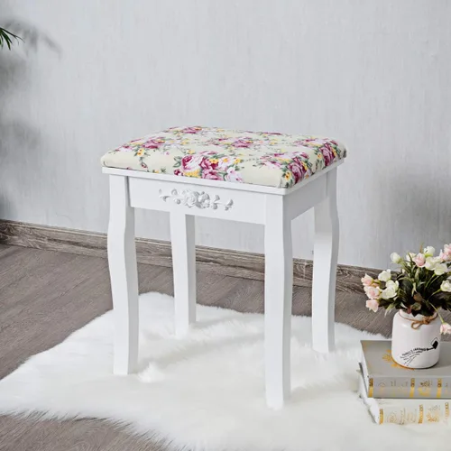 Vista 7 de Giantex Taburete de tocador de madera, silla acolchada, asiento de piano de maquillaje, banco de maquillaje con cojín rosa (blanco)