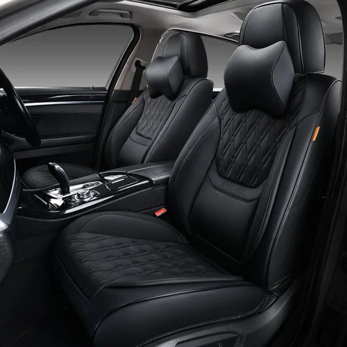 Vista 24 de Fundas de asiento delantero de automóvil, par de fundas de asiento delantero de cuero transpirable con reposacabezas, funda universal de asiento