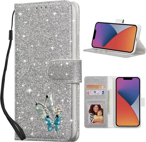 Vista 26 de UEEBAI Funda tipo cartera para iPhone 11, funda de piel sintética con purpurina para teléfono, ranuras para tarjetas, funda con función atril Negro
