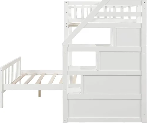 Vista 7 de Merax Litera de madera maciza de tamaño individual sobre matrimonial con 3 almacenamiento, cama alta de madera y marco de cama de plataforma, se