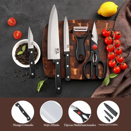 Vista 3 de Juego de cuchillos de cocina de 5 piezas, juego de cuchillos sin bloque con fundas, hoja afilada de acero inoxidable y mango cómodo, juego