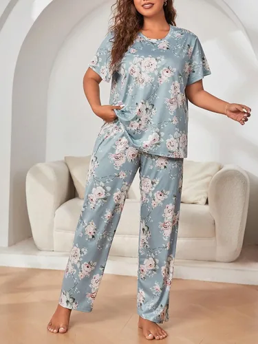 Vista 5 de WDIRARA Conjunto de pijama de manga corta y pantalones para mujer, talla grande, con máscara para los ojos