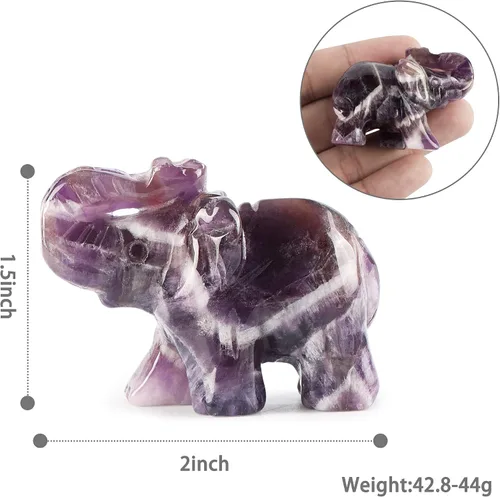 Vista 3 de SMQ Estatua de decoración de elefante de cristales de amatista de 2.0 pulgadas, piedras preciosas talladas a mano, figuras de cristal de buena