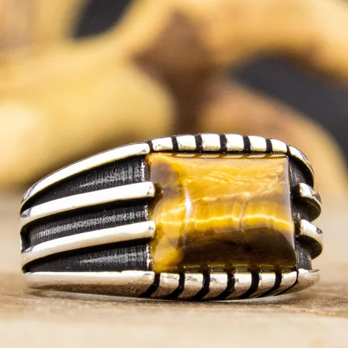 Vista 4 de Anillo elegante de plata de ley 925 con diseño especial de ojo de tigre natural para hombre, Metal Metal Piedra, Ojo de tigre
