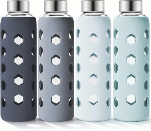 Vista 10 de Mrsdry Botellas de jugo de vidrio con tapas y fundas de silicona de 18 onzas, paquete de 4 botellas de agua reutilizables de vidrio transparente