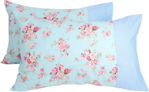 Vista 2 de Paquete de 2 fundas de almohada de algodón para cabello y piel, diseño a cuadros azules y estampado floral, tamaño Queen, súper suaves y acogedoras 3