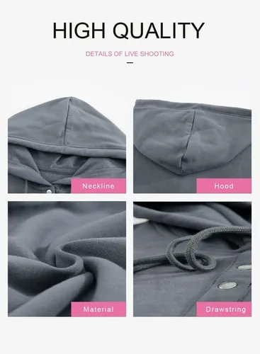 Vista 4 de Dokotoo - Sudadera para mujer 2025 con capucha, botones en el cuello y cordón, estilo sin botones, informal, de manga larga