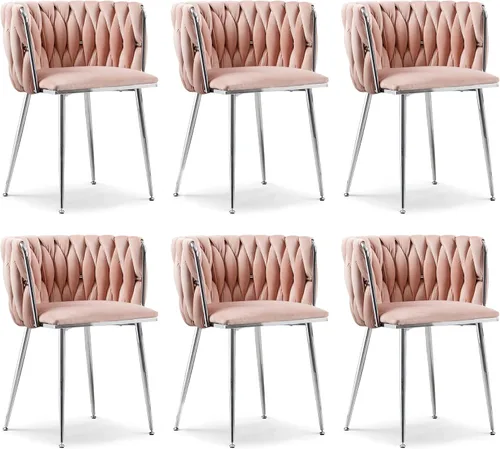 Vista 7 de Juego de 2 sillas de comedor de terciopelo, sillas laterales tapizadas tejidas con patas de metal negro, sillas decorativas modernas, sillas