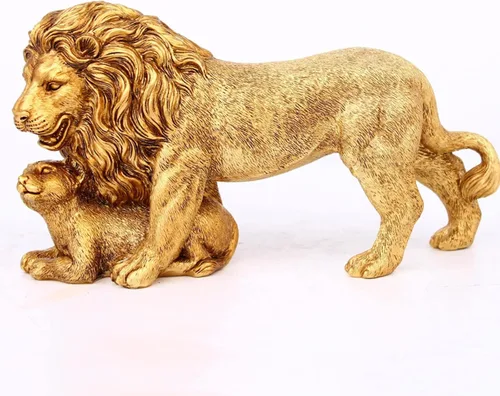 Vista 5 de Estatua decorativa de resina feng Shui León para madre e hijo de león, escultura de elefante, regalos para mujeres, dorado