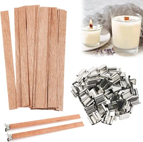 Vista 7 de 100 piezas de mechas de madera para hacer velas, mechas de madera crepitantes de 6 pulgadas/Mechas de vela sin humo con clip de base de metal, 50