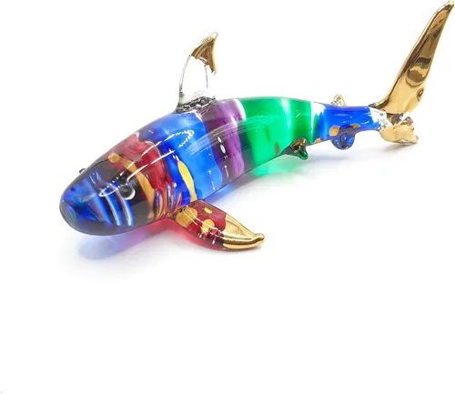 Vista 14 de Pequeña figura de tiburón blanco punteado azul dorado de 6.5 pulgadas, tiburones de vidrio soplado a mano, vida marina, peces marinos, animales