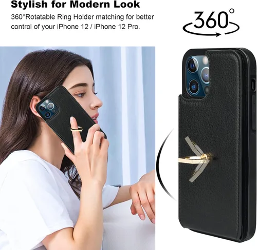 Vista 3 de Folosu Funda compatible con iPhone 12/12 Pro con soporte para tarjetas, rotación de 360°, soporte de anillo de dedo con función atril, protección