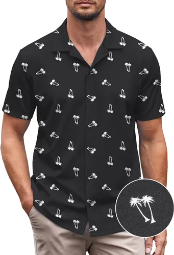 Vista 10 de COOFANDY Camisa casual con botones para hombre, manga corta, sin arrugas, camisa de verano Negro