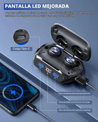 Vista 3 de Auriculares inalámbricos de 200 horas de reproducción Bluetooth, IPX7 impermeable, con cancelación de ruido, pantalla LED de alimentación con funda