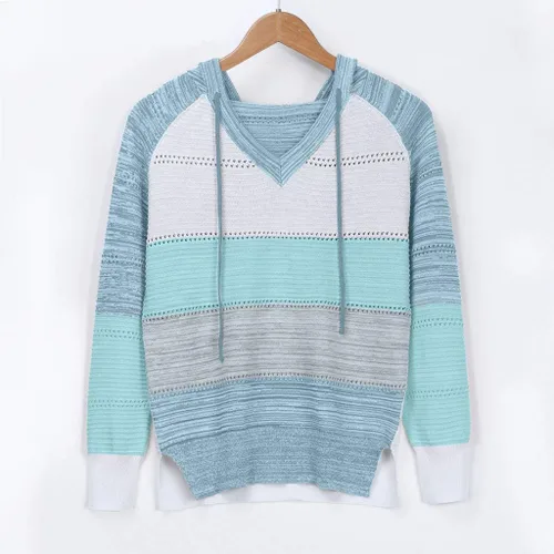 Vista 3 de Sudaderas ligeras con capucha para mujer, diseño de bloques de color, con cordón, de manga larga, suéter de punto