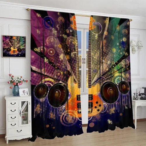 Vista 4 de Cortinas de música rock para adolescentes, tratamiento de ventana de guitarra electrónica para dormitorio, sala de estar, cortinas de ventana